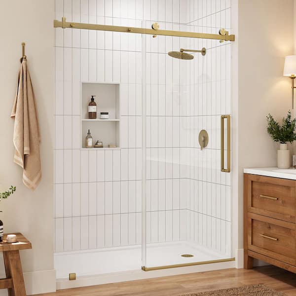 56 in. - 60 in. W x 76 in. H Sliding Frameless Shower Door in Brushed Golden with 5/16 in. (8 mm) Cleancoat Glass