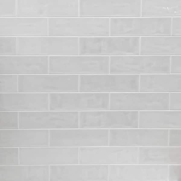 Shower with Gray Glazed Brickwork Square Tiles - Transitional