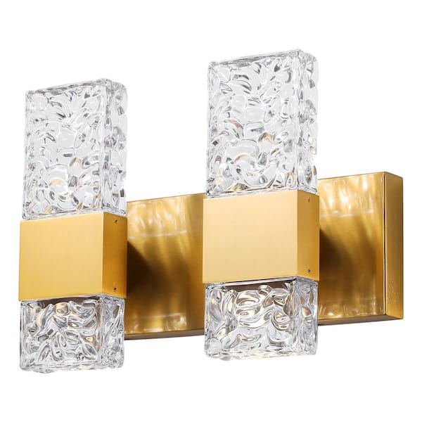 KAISITE 14 in. 2-Light Brushed Gold LED Vanity Light with K9 Crystal 20-Watt Bathroom Light Fixture Wall Sconce 4000K Dimmable
