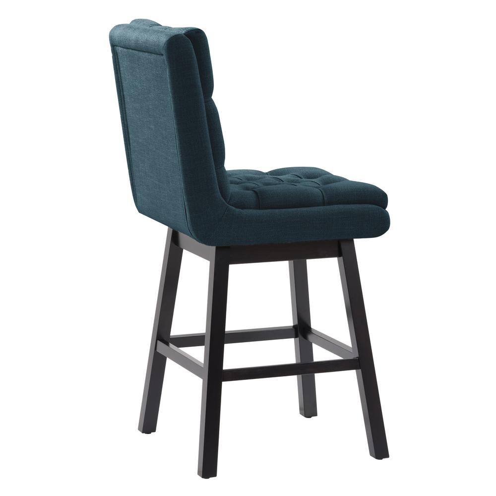 Navy Blue Tufted Counter Height Barstools with Dark Brown Rubberwood Legs - Set of 2