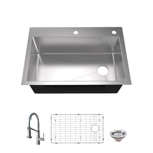 Tight Radius 30 in. Drop-In Single Bowl 18 Gauge Stainless Steel Kitchen Sink with Spring Neck Faucet