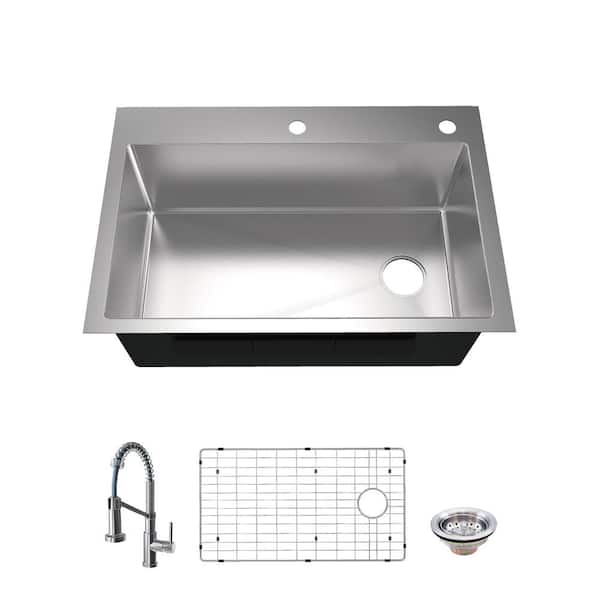Glacier Bay Tight Radius 30 in. Drop-In Single Bowl 18 Gauge Stainless Steel Kitchen Sink with Spring Neck Faucet