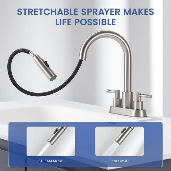 4 in. Centerset Double Handle High Arc Bathroom Sink Faucet with Pull Out Sprayer and Pop Up Drain in Brushed Nickel