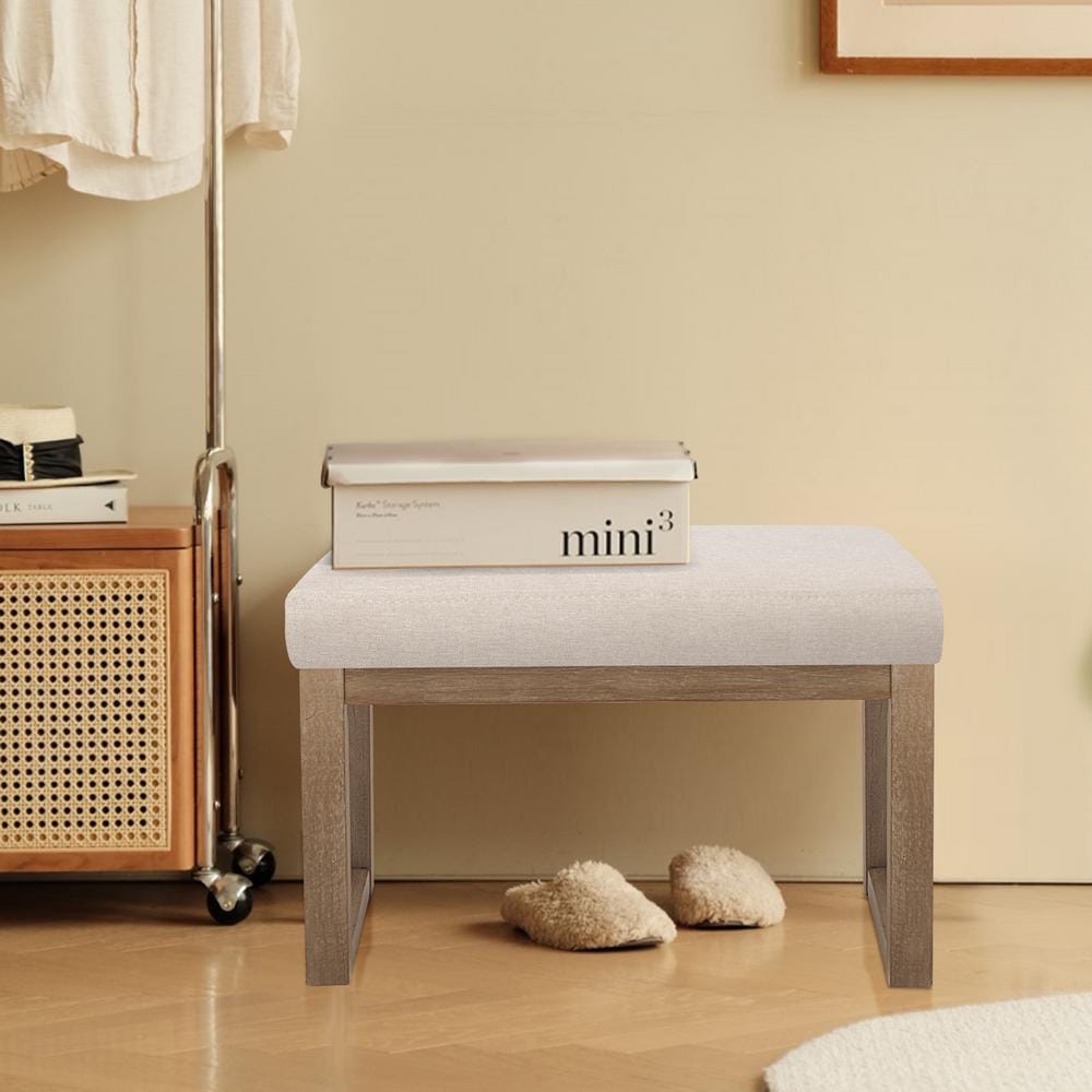 Beige Linen Upholstered Wood Leg Ottoman Bench