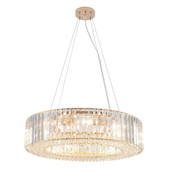 8-Light Gold Drum Chandelier Hanging Pendant Light with Crystal Shade