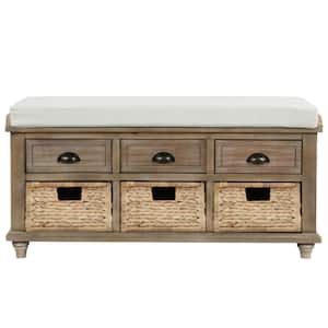 Kimmy White Rustic Storage Bench with 3-Drawers and 3 Rattan Baskets