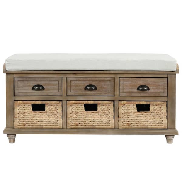 Utopia 4niture Kimmy White Rustic Storage Bench with 3-Drawers and 3 Rattan Baskets