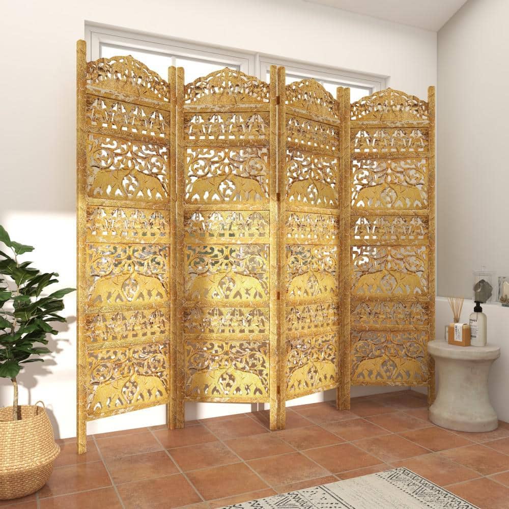 Gold Wooden Carved Elephant 4-Panel Folding Privacy Screen