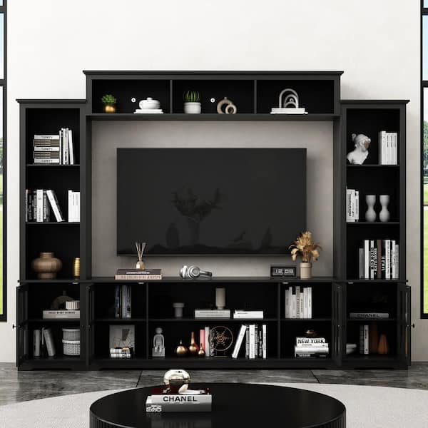 FUFU&GAGA Black Wood TV Stand Fits TV's up to 75 in. with Top Open Shelves, Bookcase and Tempered Glass Door Cabinet