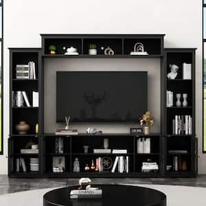 Black Wood TV Stand Fits TV's up to 75 in. with Top Open Shelves, Bookcase and Tempered Glass Door Cabinet