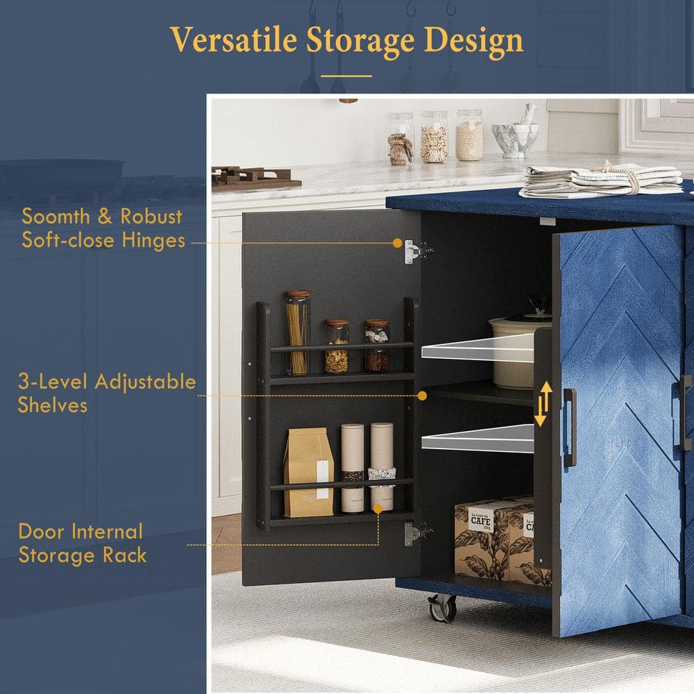 Navy Blue Wood 51.2 in. Farmhouse Kitchen Island with Drop Leaf