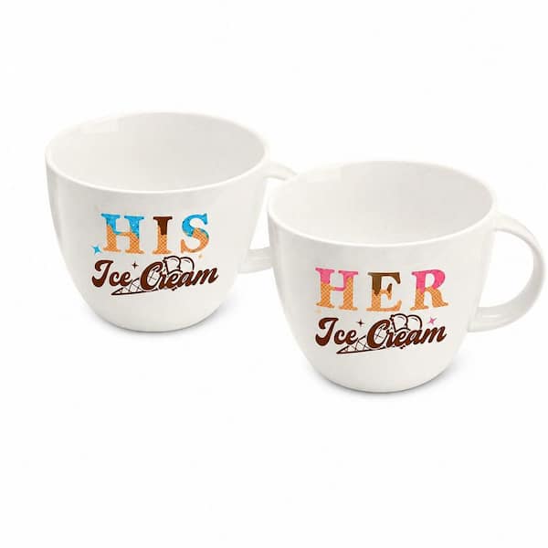 Couples Ceramic Ice Cream Bowl Set with Scoop and Shovel-Shaped Spoon, His and Hers Themed Dessert Bowls