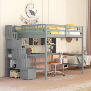 Gray Full Size Wood Loft Bed with Built-in Desk, Bookshelves and Storage Staircase
