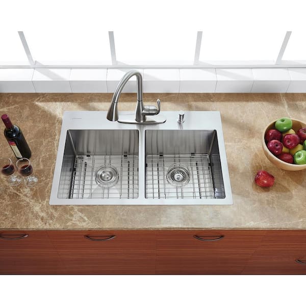 Professional Tight Radius 33 in. Drop-In 50/50 Double Bowl 16 Gauge Stainless Steel Kitchen Sink with Accessories