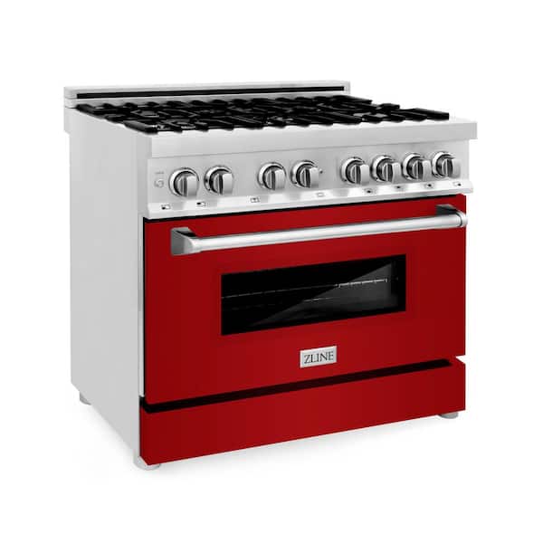ZLINE Kitchen and Bath 36 in. 6 Burner Dual Fuel Range with Red Gloss Door in Stainless Steel