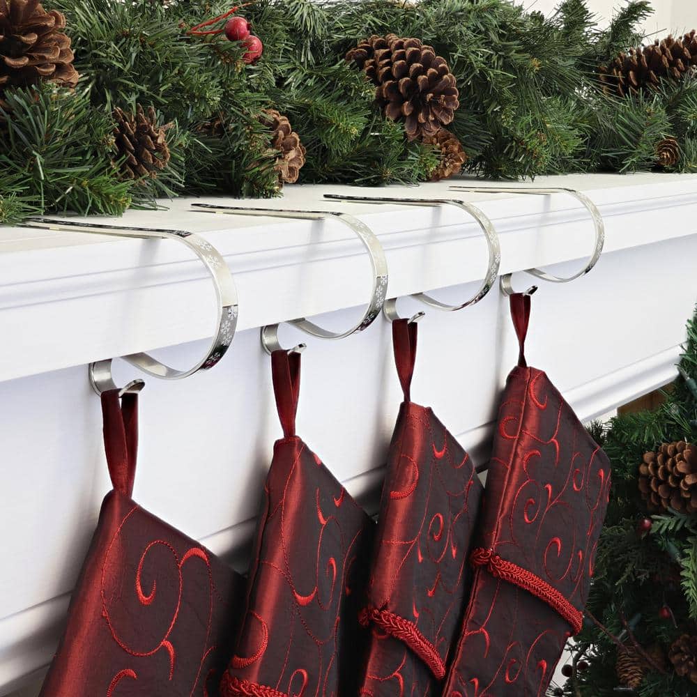 Silver Snowflake Steel MantleClip Stocking Holders, 4-Pack