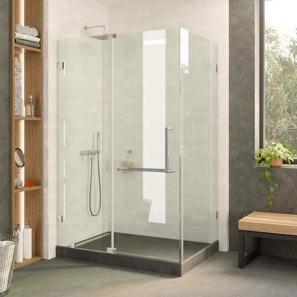 FINE FIXTURES 40 in. W x 28 in. L x 74 in. H Frameless Corner Shower Enclosure Hinged Tempered Glass in Polished Chrome