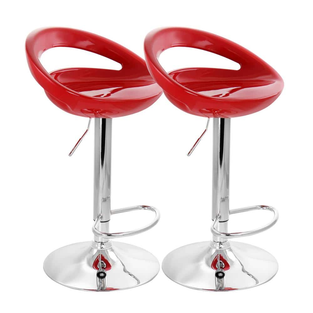 29 in Red and Chrome Low Back Plastic Bar Stool with Adjustable Height (Set