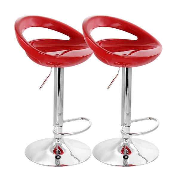 Elama 29 in Red and Chrome Low Back Plastic Bar Stool with Adjustable Height (Set of 2)