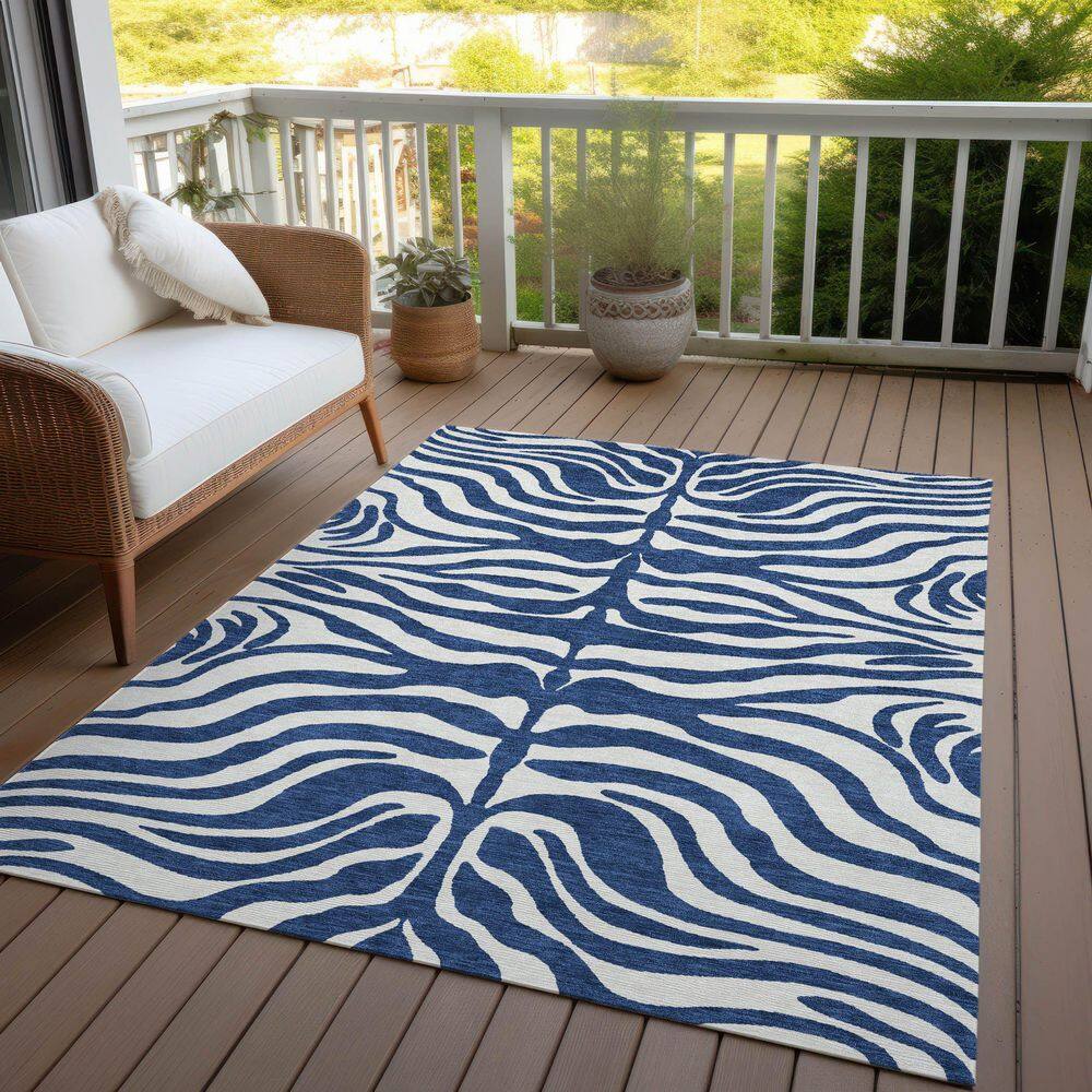 Navy and White Zebra Pattern Washable Synthetic Area Rug