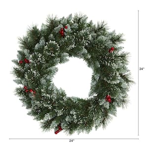 24 in. Pre-Lit Frosted Swiss Pine Artificial Wreath with 35 Clear LED Lights and Berries