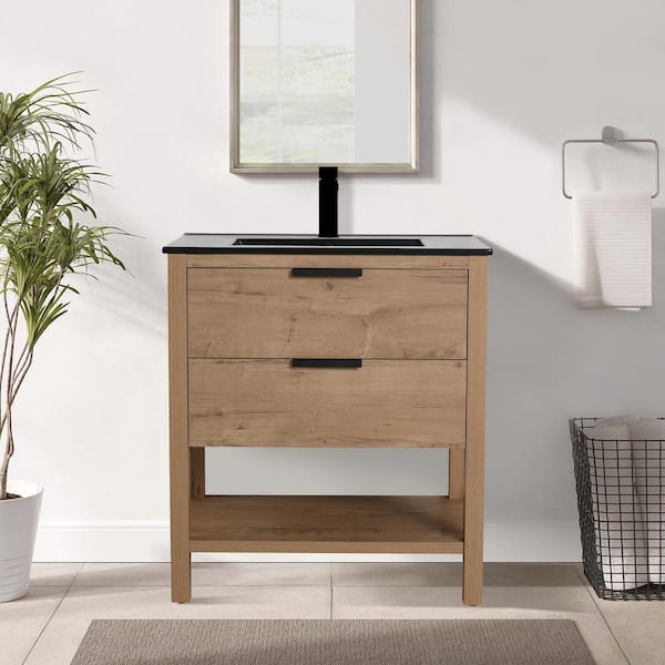 ANGELES HOME 30 in. W x 18.3 in. D x 33.75 in. H Freestanding Bath Vanity in Imitative Oak with 2 Drawers, Black Top and Ceramic Sink