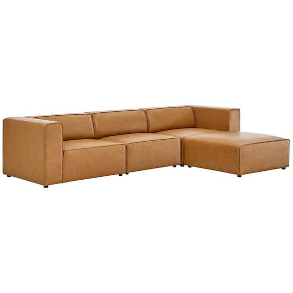 MODWAY Mingle 4-Piece Tan Faux Leather 3-Seat L-Shape Sofa and Ottoman Reversible Sectionals Set