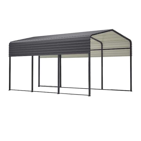 10 ft. x 15 ft. x 8 ft. Black Metal Outdoor Storage Shed Carport Garage Canopy with Galvanized Steel Roof and Frame