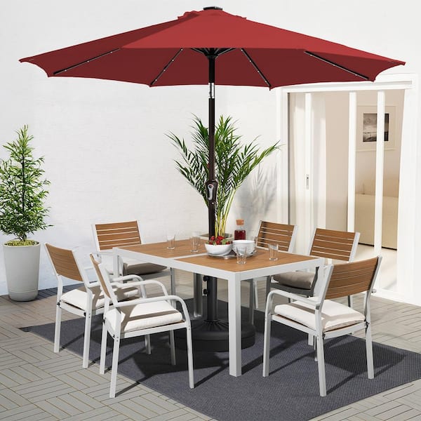 9 ft. Market Solar LED Lighted Tilt Patio Umbrella Outdoor Steel Umbrella in Red