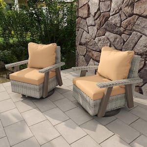 Wicker Swivel Outdoor Rocking Chair Lounge Chair with Ergonomic Armrests and Thick Fade-Resistant Tan Cushions (2-pac