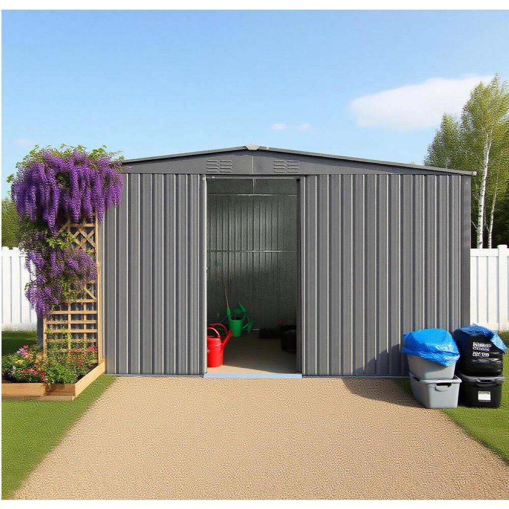 Outdoor Storage Shed has 2-Functions: Metal Shed and Firewood Shed 13 ft. x 11 ft. Grey (137.7 sq. ft.) price history on PriceWatchPro