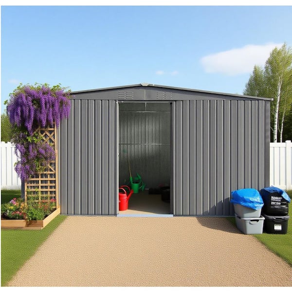 Outdoor Storage Shed has 2-Functions: Metal Shed and Firewood Shed 13 ft. x 11 ft. Grey (137.7 sq. ft.)