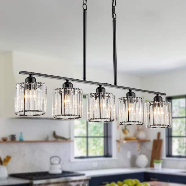 TinHon Modern 5-Light Black Linear Island Chandelier with Crystal Cylinder Shades for Dining Room, Kitchen or Living Room
