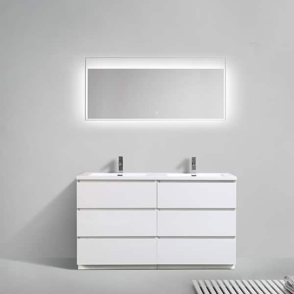 Unbranded 60 in. W x 20 in. D x 34 in. H Freestanding Bathroom Vanity in Hight White with White Solid Surface Top and Double Basin
