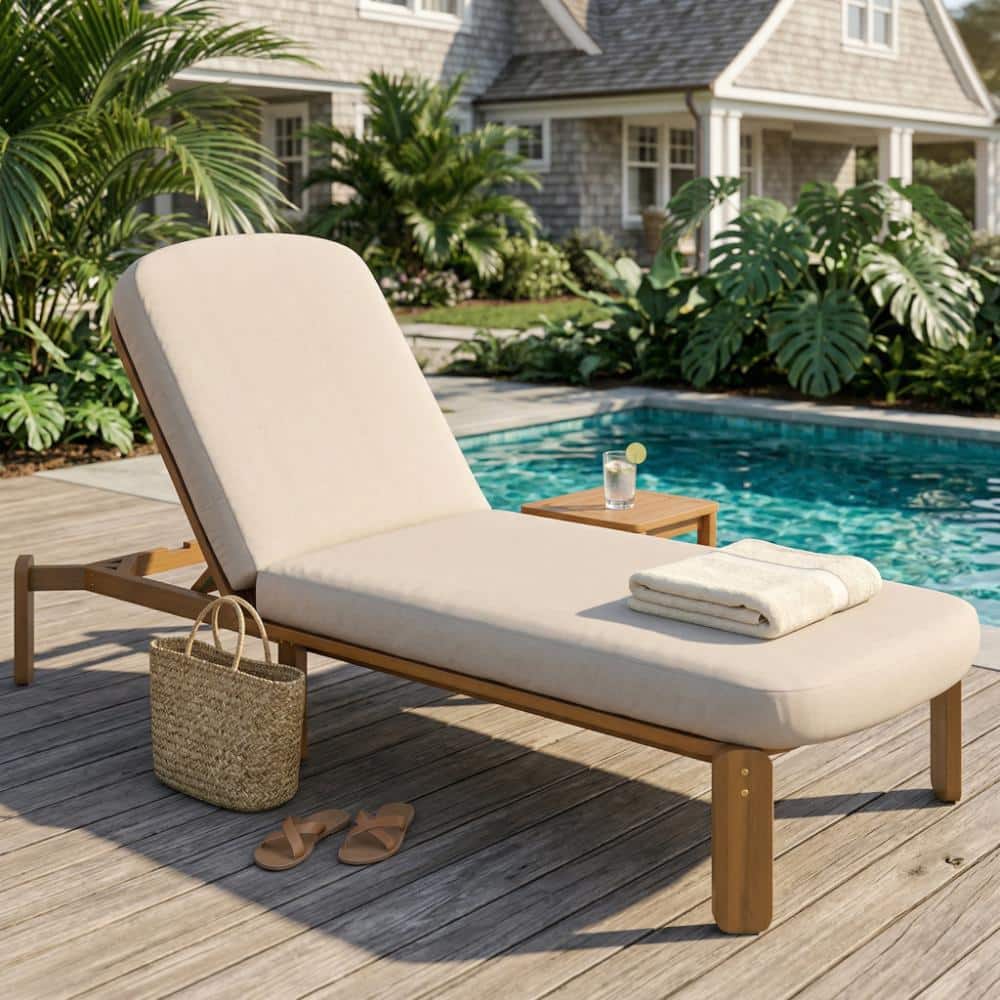 Brown Wood Outdoor Chaise Lounge with Brown Cushions Adjustable