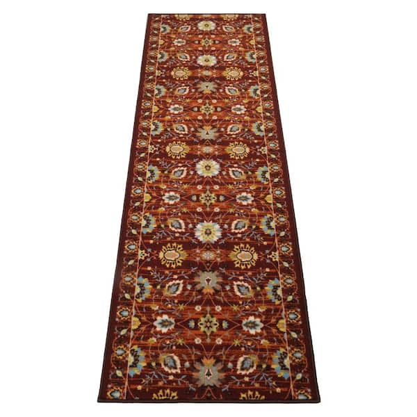 RugStylesOnline Rubber Collection Flower Burgundy 26 in. W x 12 in. L Stair Runner 2.17 sq. ft.