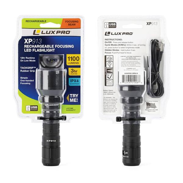 LUXPRO Pro Series 1100 Lumens LED Rechargeable Focus Flashlight with  TackGrip XP913 - The Home Depot