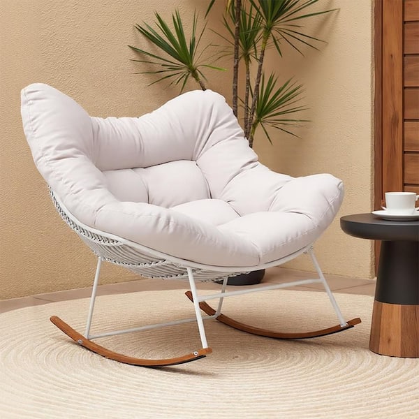 2-Piece Oversized Wicker Outdoor Rocking Chair with Beige Cushions