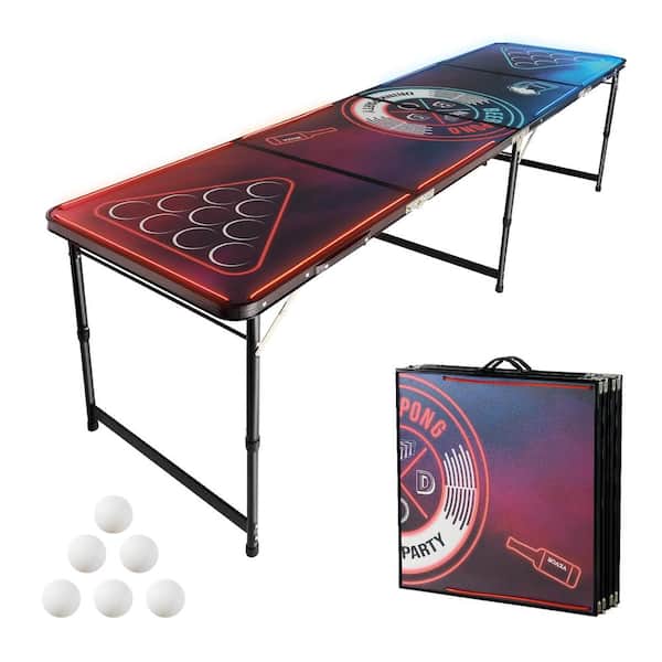 VEVOR 8 ft. Portable Beer Pong Table LED Lights Foldable Tailgate Table with Carrying Handles and 6-Pong Balls