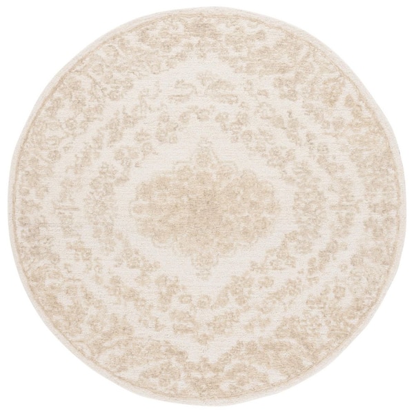 Ebony 6 ft. x 6 ft. Ivory/Light Green Floral Ornate Border Round Area Rug