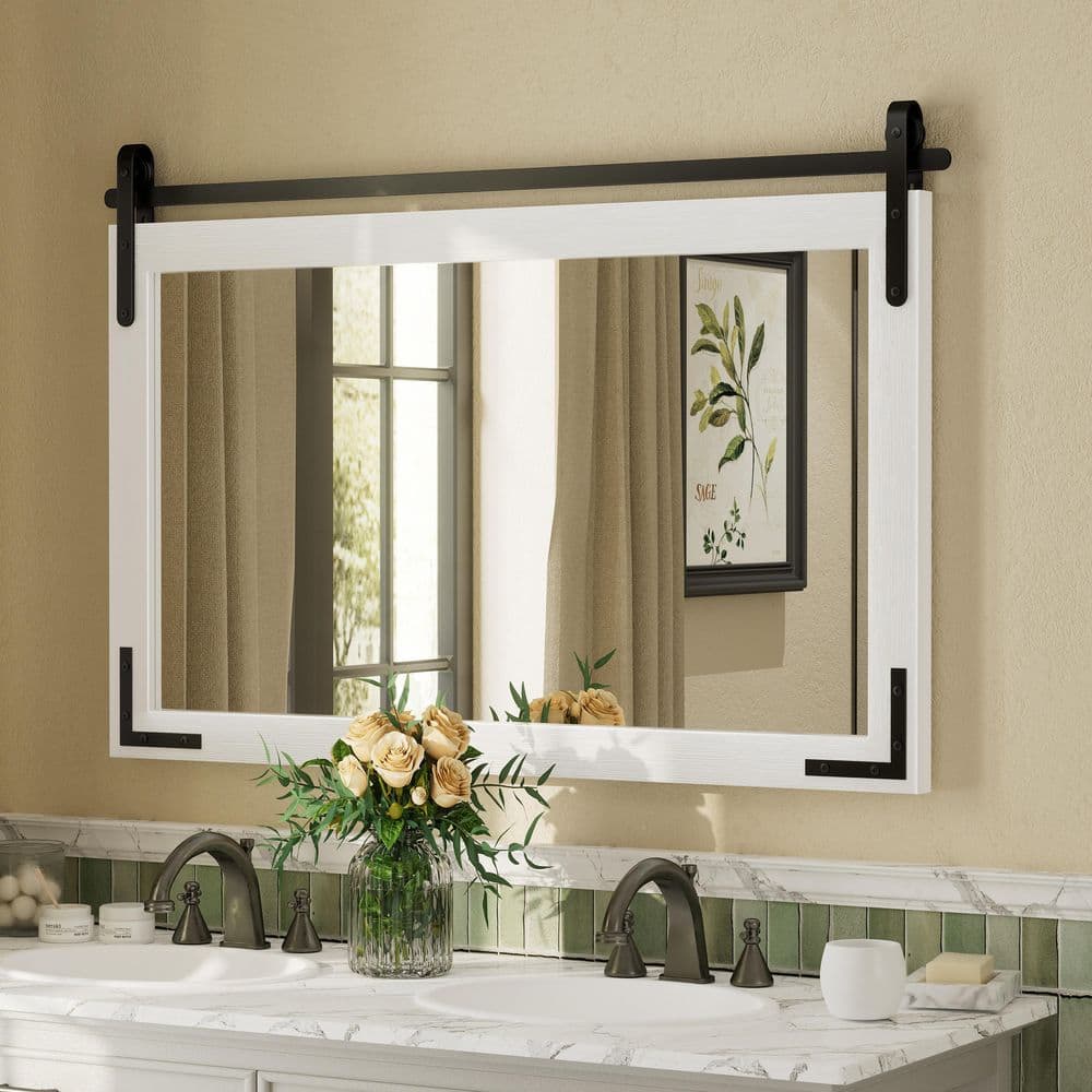 45 in. W x 30 in. H Rectangular Rustic Farmhouse Solid Wood Framed & Tempered Glass Wall Bathroom Vanity Mirror in White price history on PriceWatchPro