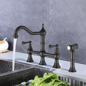 Double Handles Gooseneck Bridge Kitchen Faucet in Matte Black with Pull-Out Spray Wand and 27 in. Flexible Hose