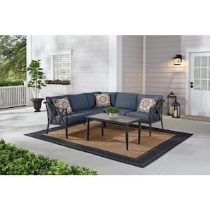 Harmony Hill 3-Piece Black Steel Outdoor Patio Sectional Sofa with CushionGuard Sky Blue Cushions