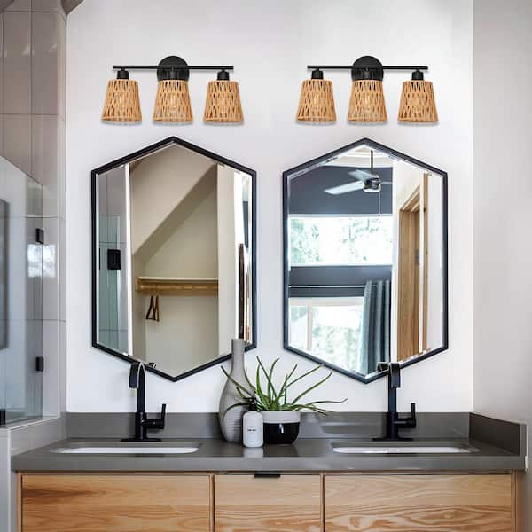 Nafissa 19.29 in. 3 Light Brown Vanity Light with Cone Rattan Shade, Farmhouse Boho Over Mirror Lights for Bathroom
