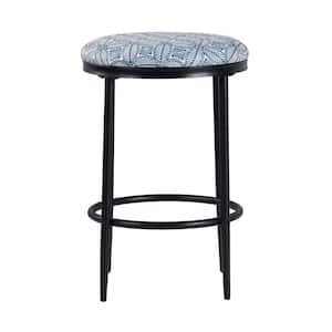 24 in. Indigo Leaf Medallion Print Backless Metal Frame Cushioned Bar Stool with Upholstery seat (Set of 1)