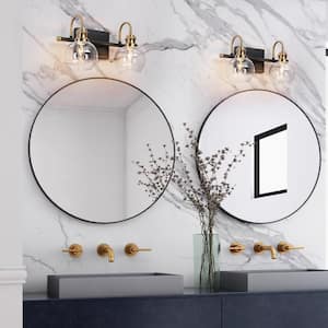 14.5 in. 2-Light Brass Gold Bathroom Vanity Light, Globe Clear Glass Bath Lighting, Black Modern Wall Sconce
