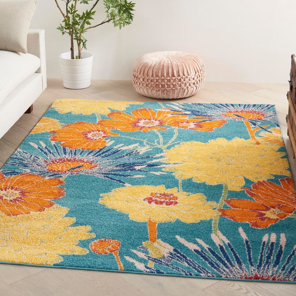 Handmade Turquoise Multicolor Floral Synthetic Area Rug 5' x 7'