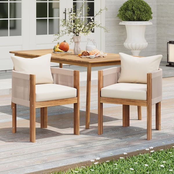 CHRISTOPHER KNIGHT HOME Ruby Teak Finish+Beige Rope Weave Armchair Solid Wood Outdoor Dining Chair with Beige Fabric Cushions (2-Pack)