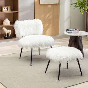 Ivory Faux Fur Accent Side Chair With Ottoman Upholstered Armless Mid Century Modern Chair for Living Room, Bedroom