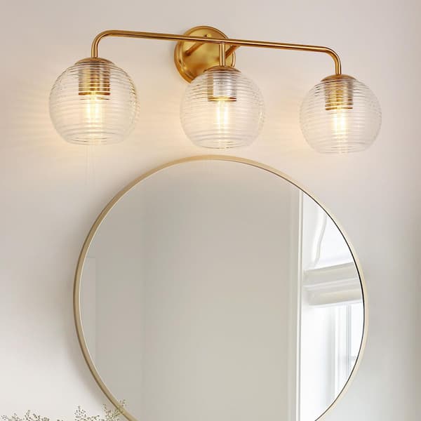 Briignite 25 in. 3-Light Gold Vanity Light for Bathroom with Globe Clear Glass Shades No Bulbs Included